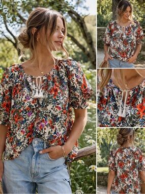 Romantic Floral Boho Blouse | Puff Sleeve Tassel Top | Cottagecore Chic (L)